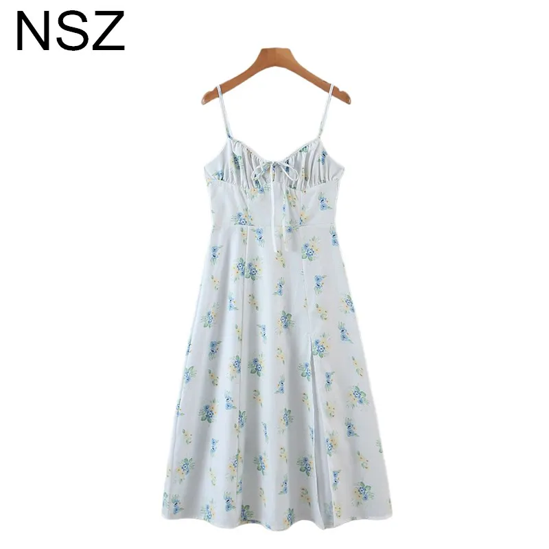 

NSZ Women Print High Slit Summer Corset Spaghetti Strap Dress Sexy Outfit Ladies Backless Camisole Slip Dress Sundress