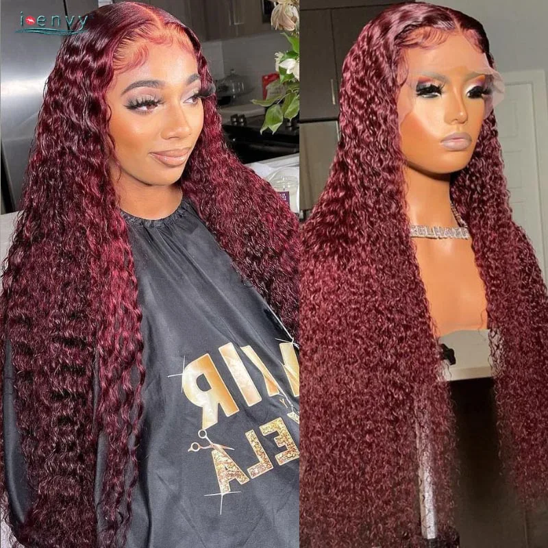 

99J Lace Front Human Hair Wigs Kinky Curly Transparent Lace Wigs Human Hair Curly Burgundy Lace Front Wig Red Wig Peruvian Remy