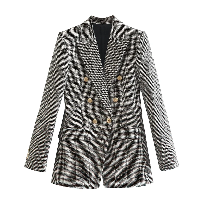 

Women 2021 za fashion with metal button tweed blazer coat vintage long sleeve flap pockets female outerwear chic veste