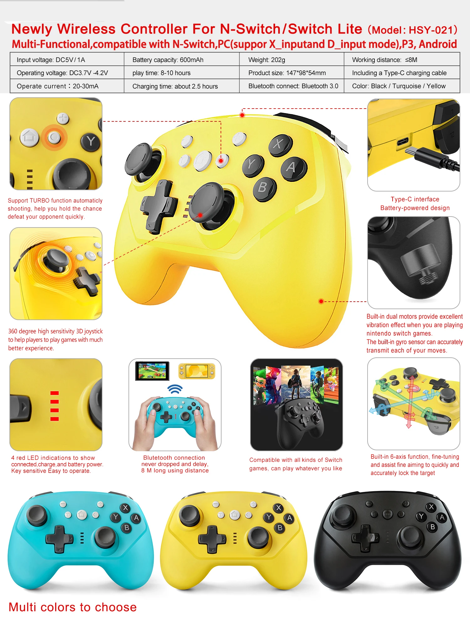 Новинка 2020 года! Беспроводной геймпад для Nintendo Switch Pro Bluetooth с осью и вибрацией Mando