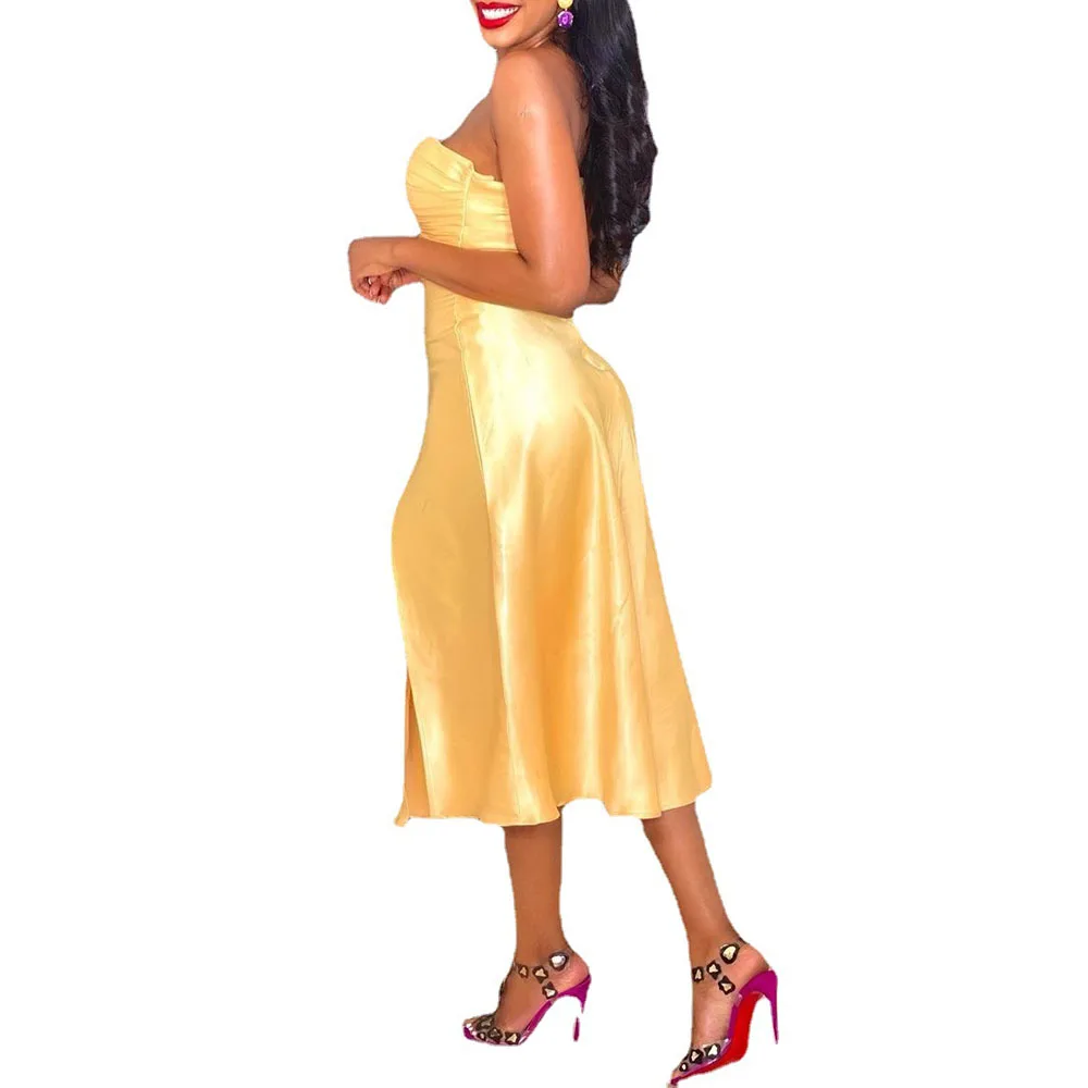 

2021 New Plus Size Temperament Commute Strapless Solid Color Split Fork One Shoulder African Dress Simplicity Casual Women's