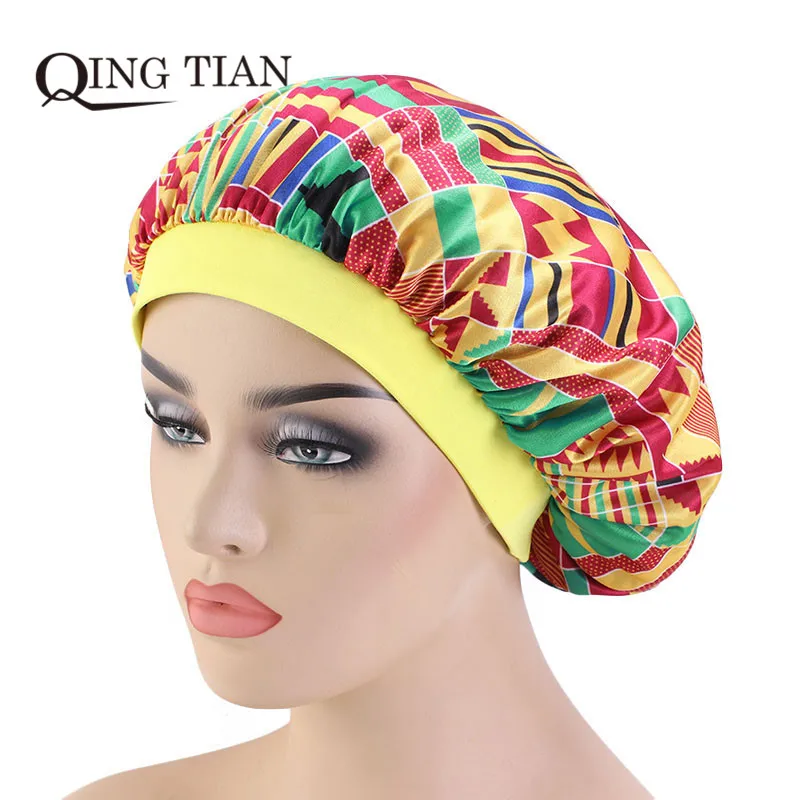 Women Wide Band Bonnet Pattern Print Silk Bonnet Silk Sleep Protect Cap Bonnet For Virgin Hair Extension Wigs