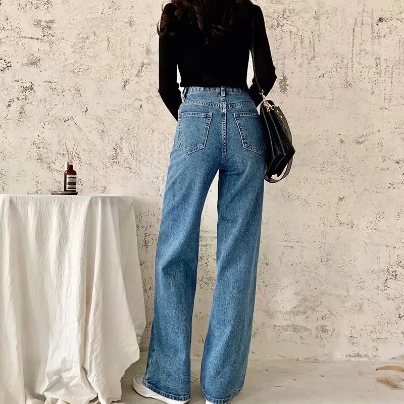 

Spring and Autumn new retro style high waist solid color wide leg jeans women street solid color slim straight jeans ladies