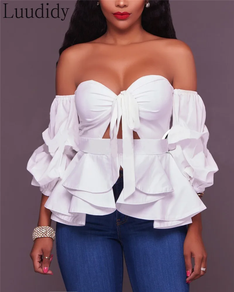 

Sexy Ruffles Hem Bandeau Blouse Women Solid Color Lace-Up Long Sleeve Slim Top