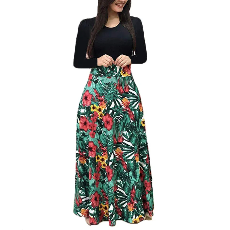 

2020 Spring And Autumn Women's Long-sleeved Flower Color Matching Digital Printing Round Neck Pullover High Waist Dress