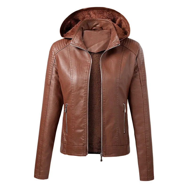 

Plus Velvet PU Hooded Leather Fashion Warm Windpro of Women's Zipper Three-dimensional Jacket Women Biker Jacket Fall Winter New