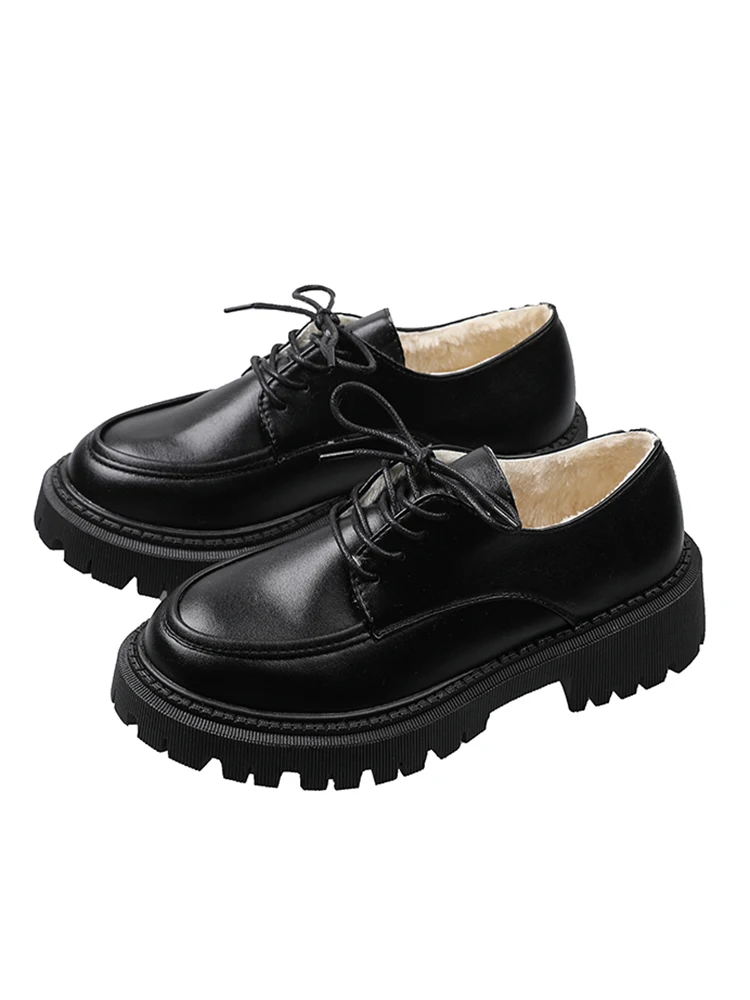 

Flat Black Shoes For Women Oxfords Loafers With Fur Casual Female Sneakers Modis All-Match Round Toe British Style Leather Slip-