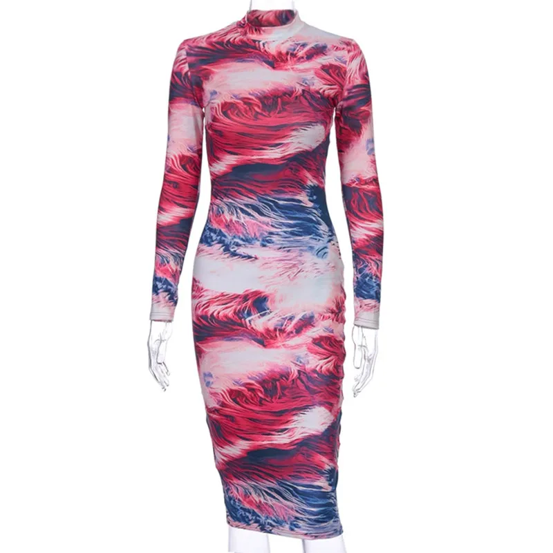 

hirigin Women Tie Dye Print Long Sleeve Midi Dress Fashion Wild Sexy Slim Fit Bag Hip Dress Autumn Bodycon Dress Streetwear