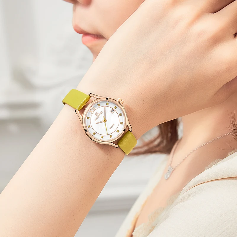 NAVIFORCE женские часы Модные Кварцевые Женские Зеленые кожаный ремешок Дата Неделя