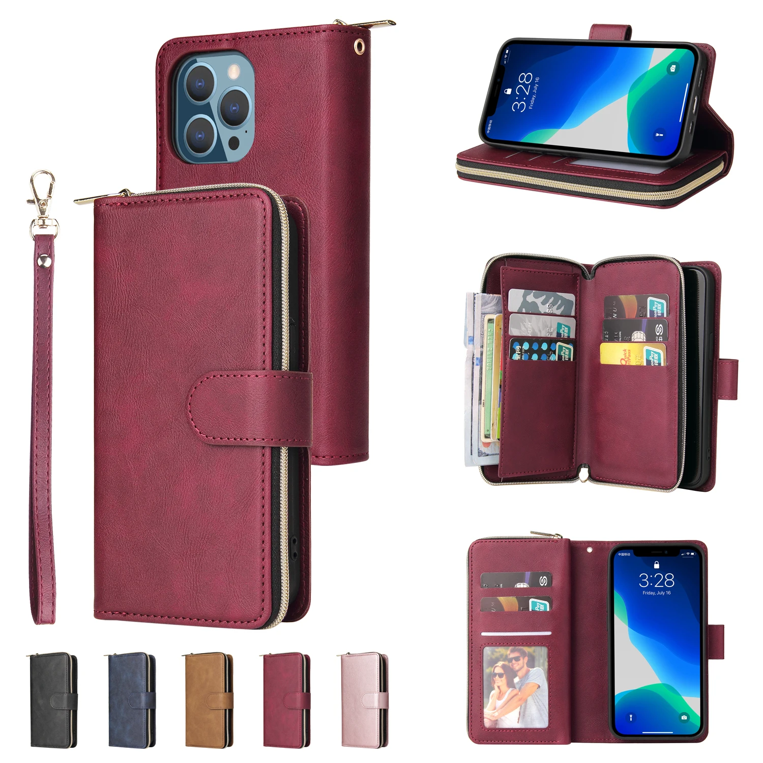 

Leather 9-Card Zipper Wallet Case for iPhone 13 Pro Max Retro Luxury Flip Case iPhone 13 Mini Shell iPhone 13 Pro Stand Cover