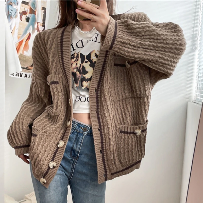 

Y2k y2kсвободный женский свитер в ленивом стиле, осень 2021, Новый Винтажный хаки кардиган с V-образным вырезом, пальто