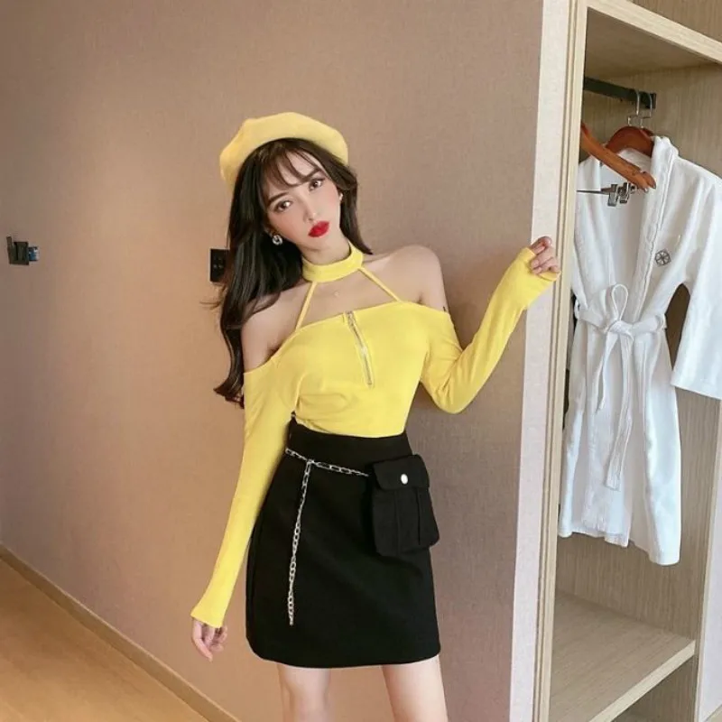 

2021 Female T-Shirt Sexy Top Long Sleeve T Shirt Women One Word Collar Long Sleeve T-shirt Top Female Casual Women Clothes Y11