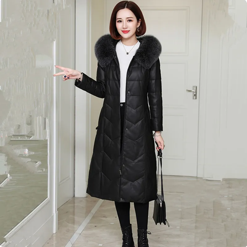 TNLNZHYN Women Winter Sheepskin Coat Quality Fox Fur Collar Down Jacket Leather Outwear Female 2020 Black Warm Long Clothes 1871