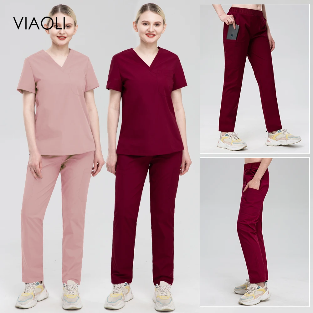 

High Quality Doctor Costume Women Pet Clinic Uniforms Hospital Surgical Nurse Workwear V-neck Stretch Fabric Nursing Scrubs Sets