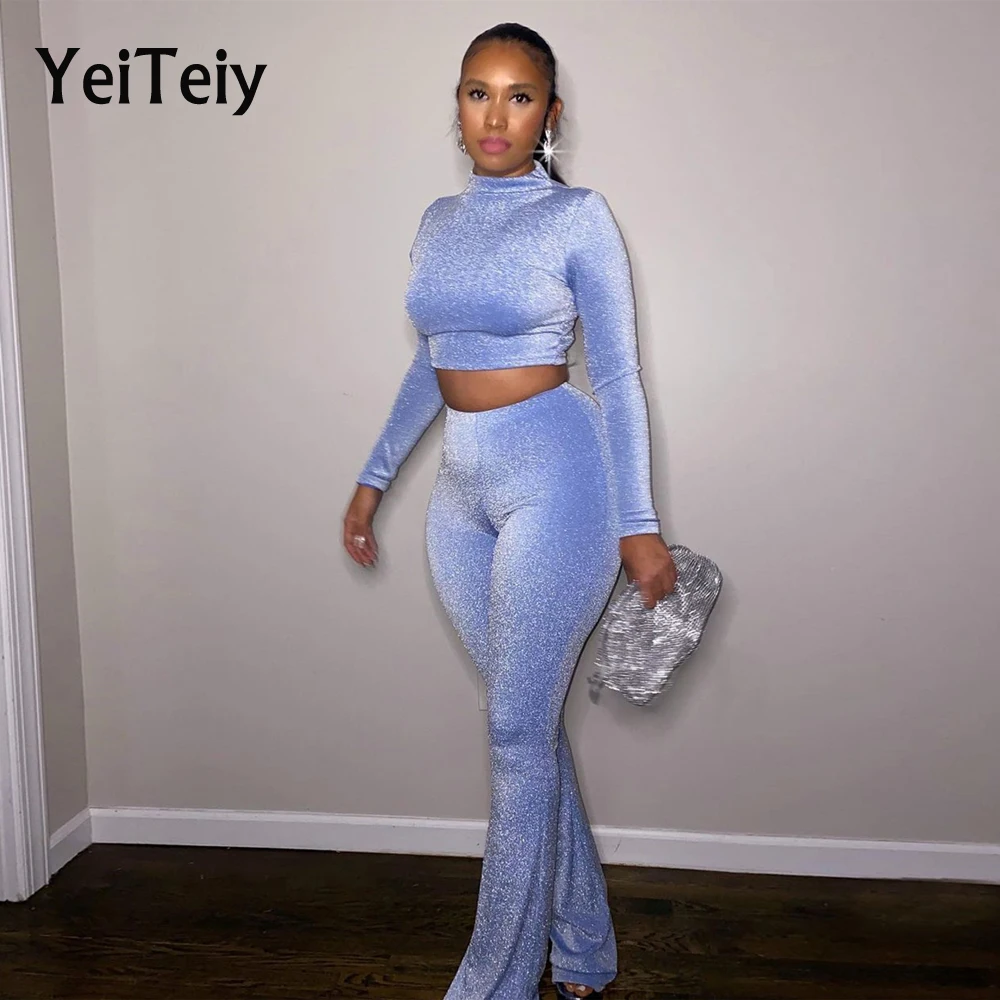 

Yeiteiy женский из двух частей весенне-осенний короткий топ с высоким воротником и длинным рукавом Стрейчевые брюки-карандаш изогнутая сексуа...