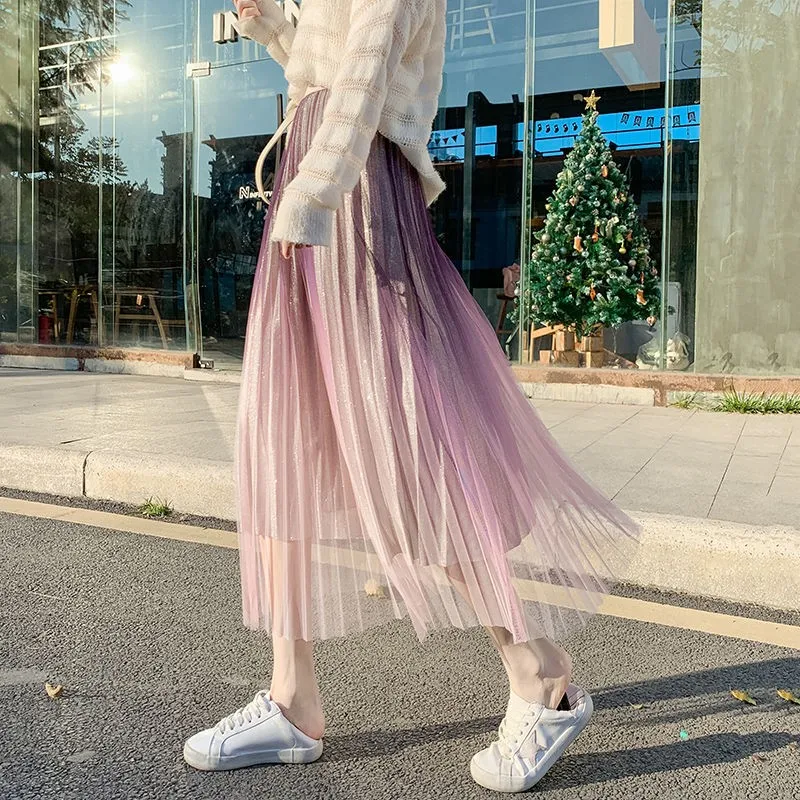 

High Waist Mesh Long Skirt Women's Spring And Summer Sequin Gradient Color Pleated Midi Tulle Skirts Female Sweet Fairy Skirt