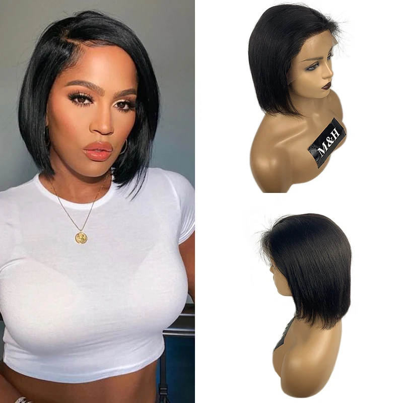 Dianteira do Laço Brasileiro em Linha Perucas de Cabelo Humano para Preto Peruca do Laço Peruca Reta Curto Perucas 100% Remy Feminino 13×4 Bob