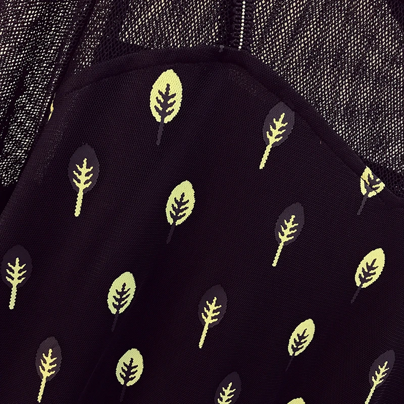 

2021 New Sexy Mesh See Through Black Dress Women Leaves Print Gauze Loose Chic Dresses Plus Size Summer High Street Clothing