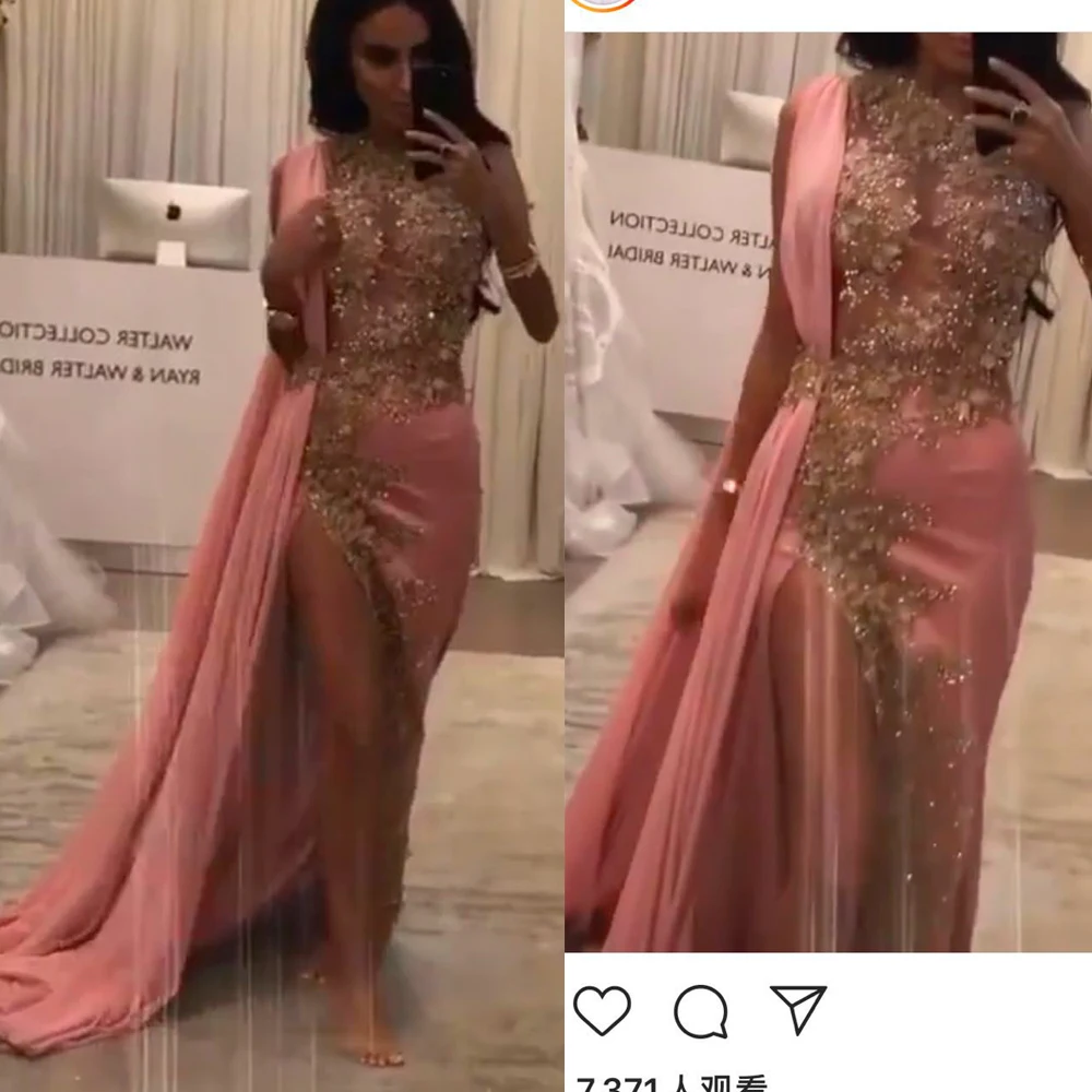 

one shoulder prom dresses 2020 crew neck lace appliques beading sequins side slit mermaid evening dresses