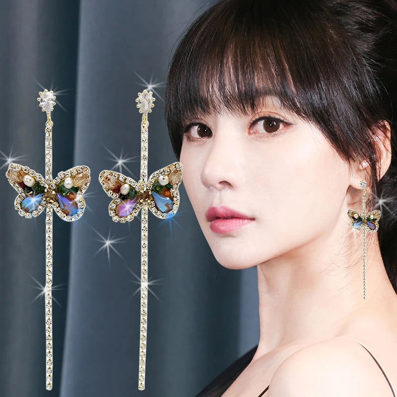 Длинные серьги со сверкающими стразами и бабочкой из циркона женские с