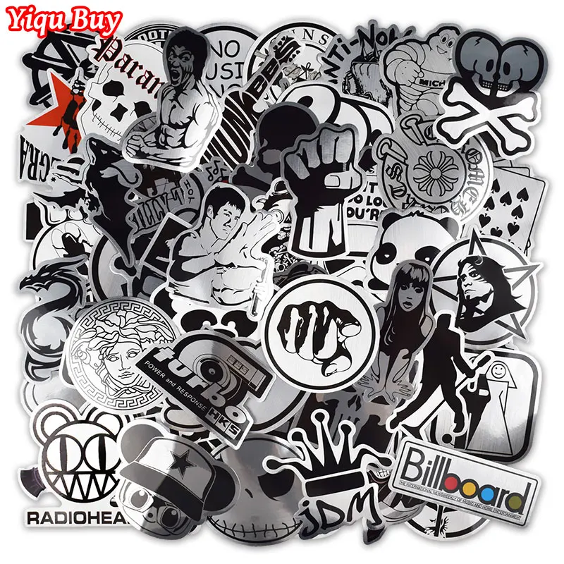 

100 Pcs Metallic Black and White Stickers for Laptop Skateboard Luggage Car Styling Home Decor JDM Cool Funny Waterproof Sticker