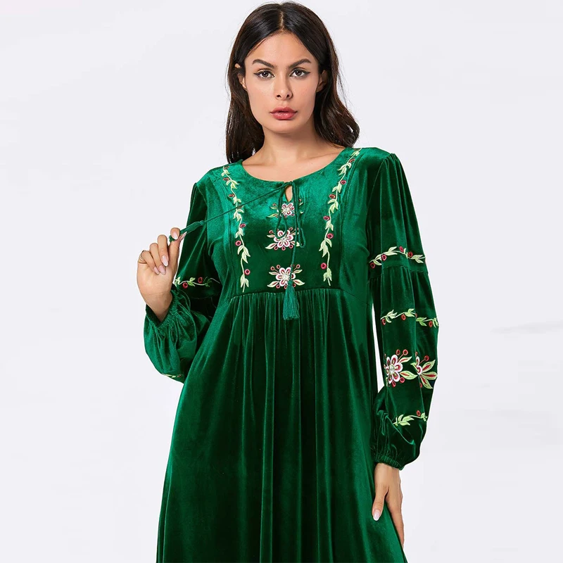 Цветочные бархатные abaya для женщин Дубай мусульманский кафтан женская одежда зима осень длинное платье Зеленый Кафтан vestido manga larga