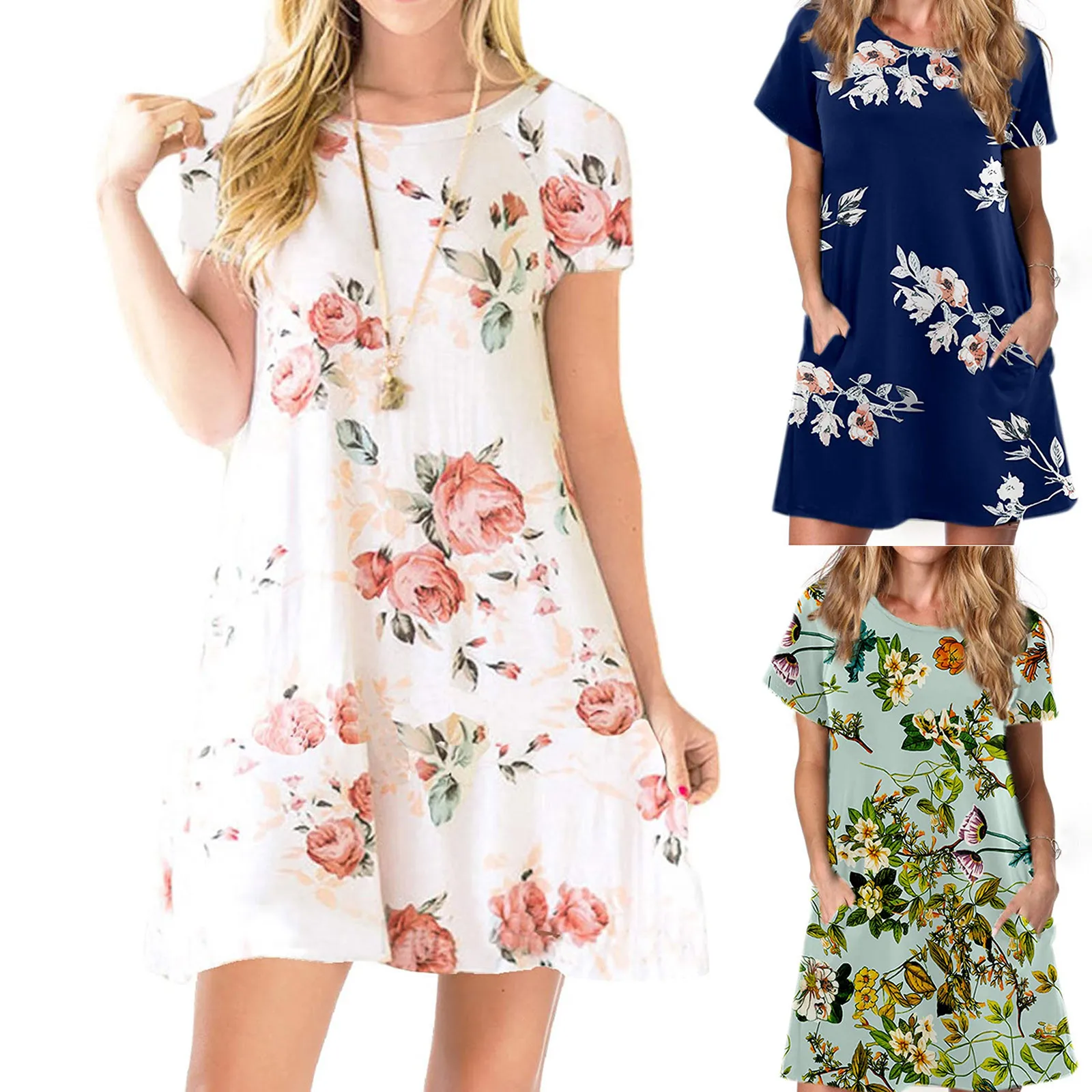 

Женское повседневное летнее пляжное платье-футболка, модное женское свободное мини-платье большого размера с коротким рукавом, карманами и...