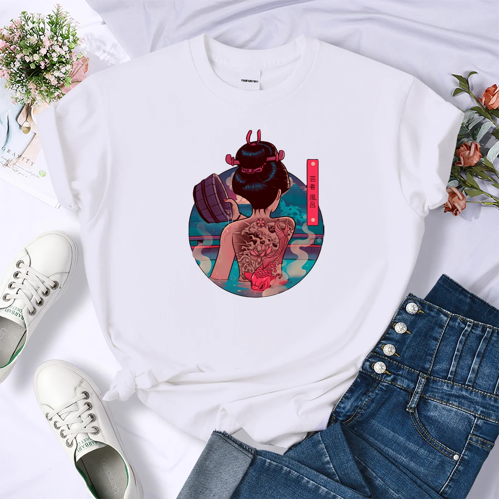 

Geisha Bath Print T-Shirt Women Cotton Harajuku Top O-Neck Comfortable T-Shirt Fashion Simple Women Tees