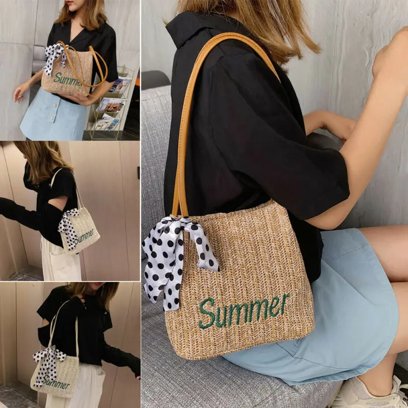 Женская плетеная Сумка в стиле бохо Пляжная Соломенная тоут с круглым ремешком