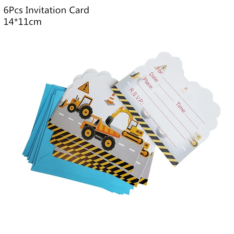 6pcs invitation card Строительный трактор тема экскаватор надувные шары грузовик автомобиль баннеры детский день рождения, день рождение мальчика вечерние принадлежности - Цвет: 6pcs invitation card