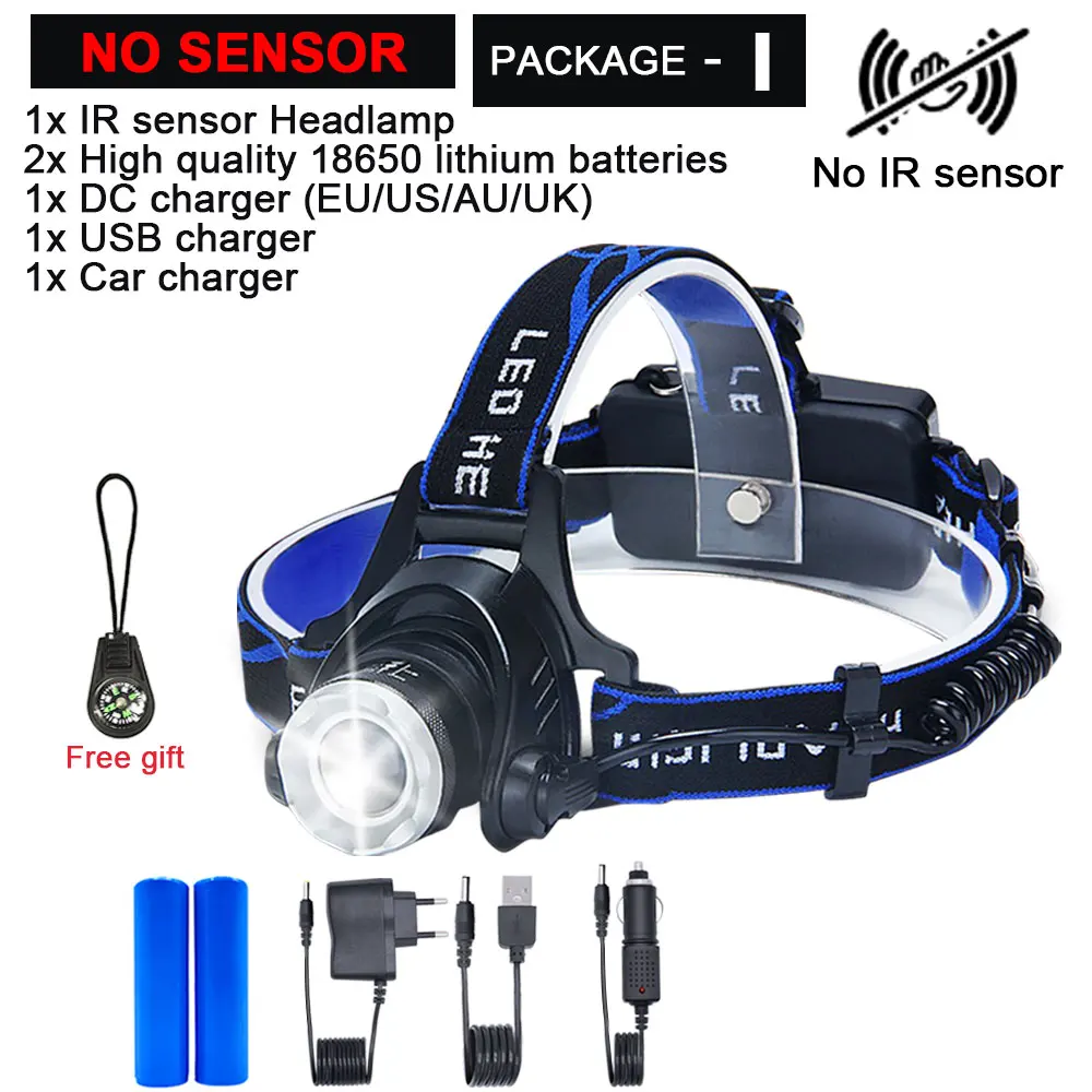 Package I ИК-датчик, головной светильник, USB Перезаряжаемый, V6/L2/T6, индукционный светодиодный налобный фонарь, налобный светильник для рыбалки, налобный фонарь, фонарь, аккумулятор 18650 - Испускаемый цвет: Package I