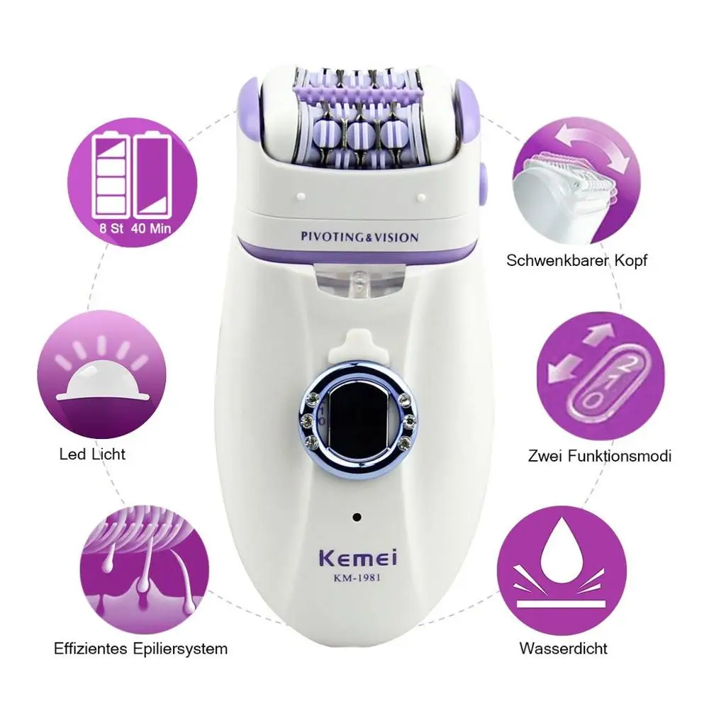 Kemei 3 in 1 Electric Epilator For Women Electronic Foot File Female Depilation Machine Rechargeable Hair Removal | Бытовая техника