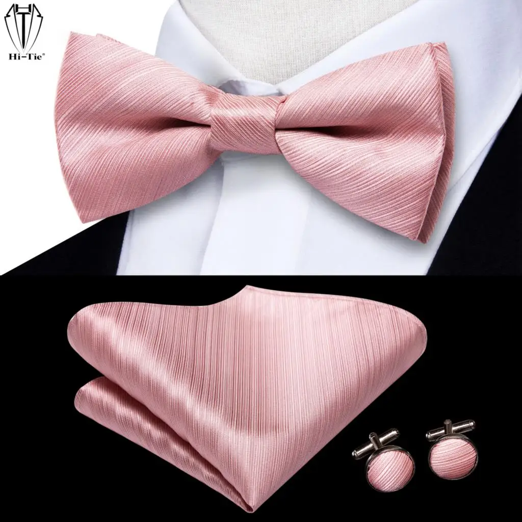 Hi-Tie Silk Pink Striped Mens Bowtie Jacquard Adult Bow Tie Hankerchief Cufflinks Set Pre-tied Butterfly Bowknot Wedding Party