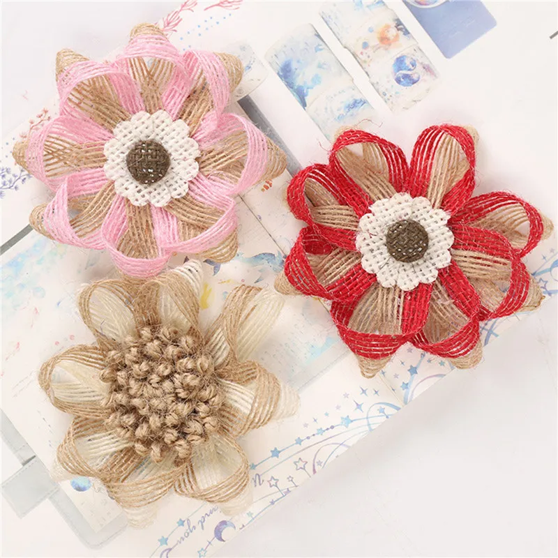 

5/10pcs Natural Jute Burlap Hessian Flower Rustic Wedding DIY Party Decoration Scrapbooking Sewing Doll Hat Shoes Accessories