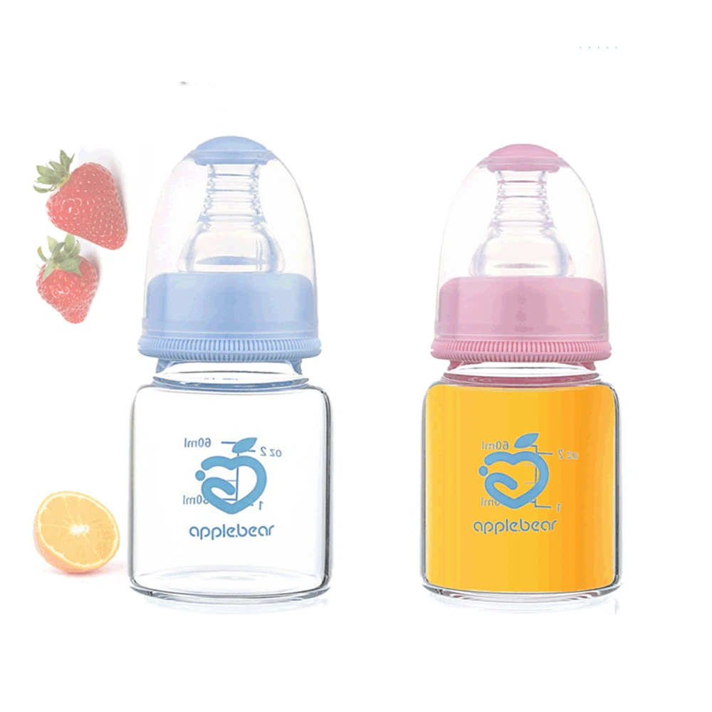 Botella de alimentación de vidrio estándar para niños recién nacidos, 60mL, para beber agua, zumo de fruta, sensación similar al pecho