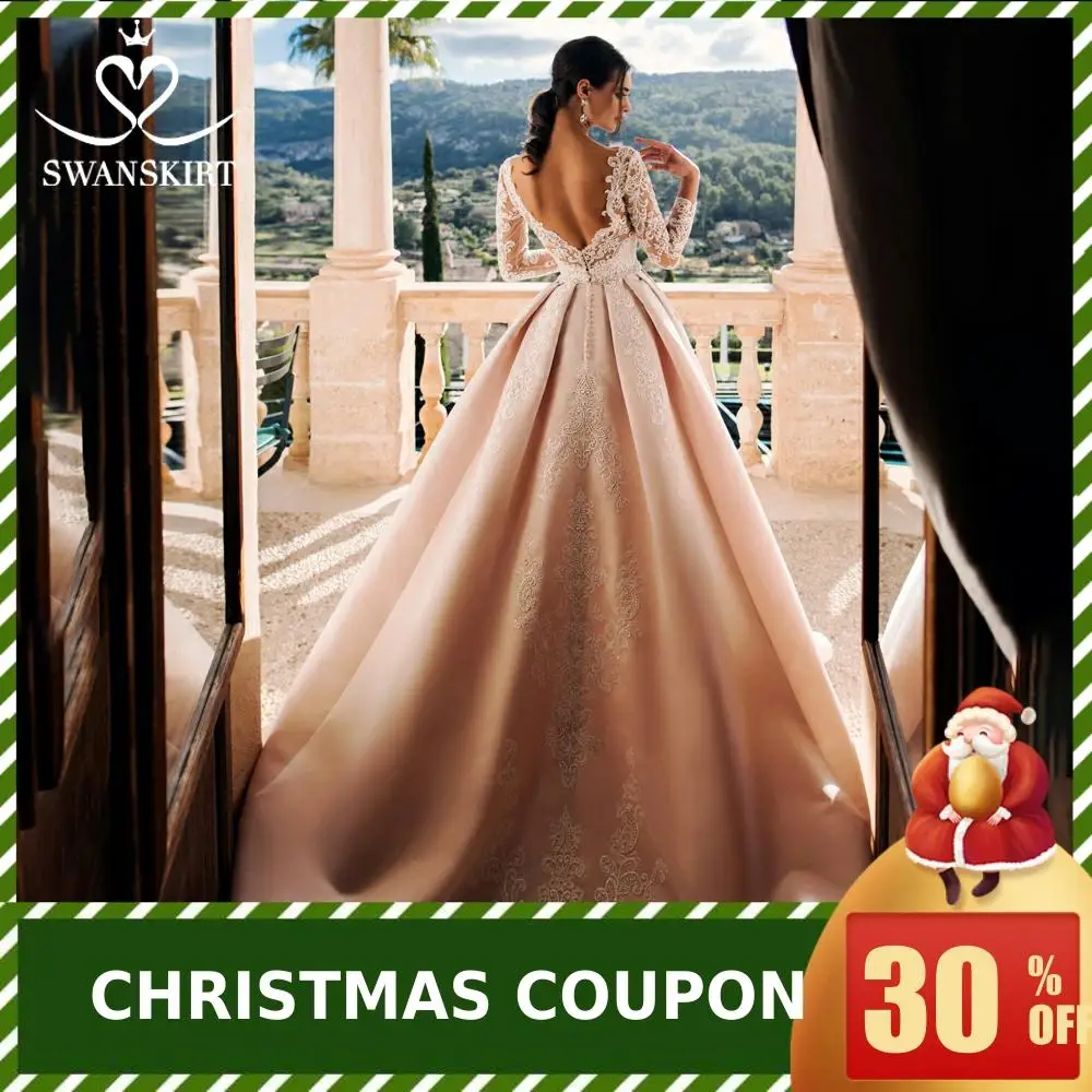 Appliques Satin Wedding Dress Swanskirt K163 Long Sleeves Crystal A-Line Vintage Beaded Bride Gown Backless Vestido de Noiva