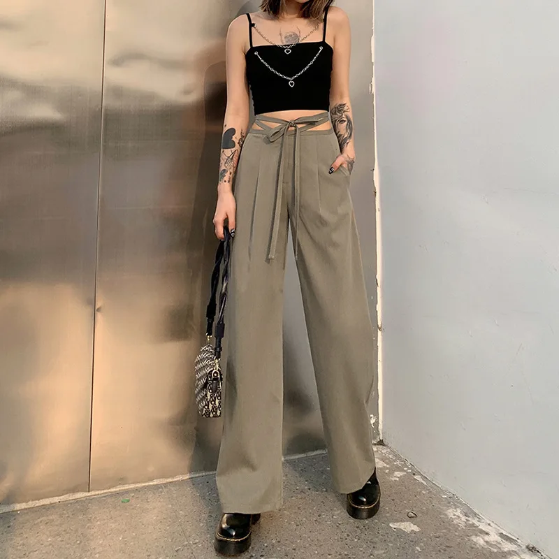 

LALUMAI women's Casual Pants Spring and summer 2021 bandage fashion solid high waist casual straight pants trousers Streetwear