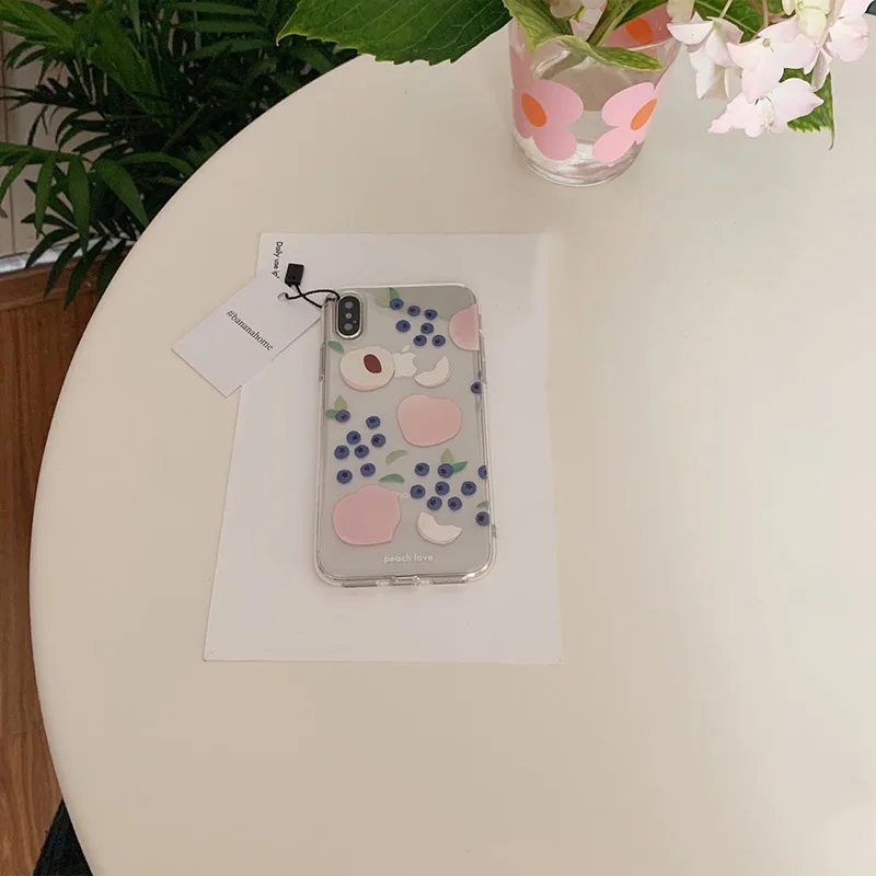 Summer fruit pink peach blueberry Korean girl phone case for coque iPhone 7 8 6 s plus XS max silicon For iphone cover X XR |