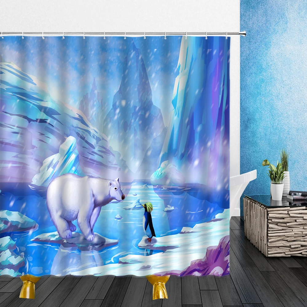 

Animal Theme Shower Curtains Lovely Interesting Polar Bear Christmas Hat 3D Printing Bathroom Decor Waterproof Cloth Curtain Set
