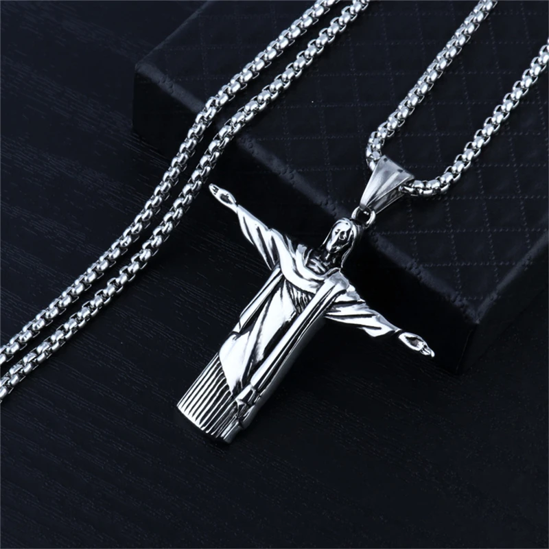 

Christian Orthodox Crucifix Jesus Necklace Rio De Janeiro Cross Prayer Large Pendant Silver Color Cross Pendant Necklace