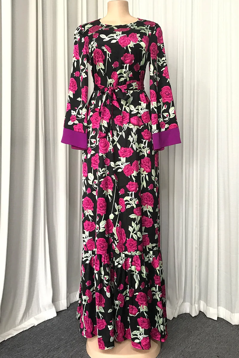

African Abaya Print Floral Dashiki Dress Long Sleeve Abaya Hijab Muslim Bazin Design Long Maxi Robe Gowns Riche Sexy Lady