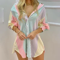 multicolor striped casual shirt turn down collar office lady tops fashion single breasted long sleeve cotton loose women outfits