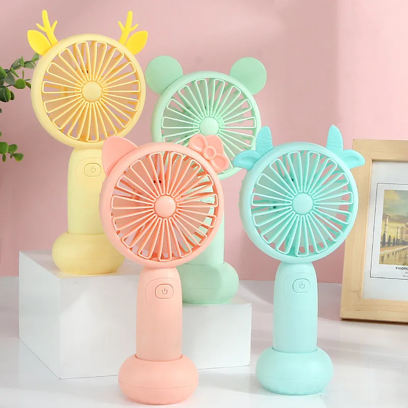 

1PC Usb Charged Fans Mini Desktop Handheld Adjustable 2 Speed Fawn Cartoon Electric Fan With Light Quiet Travel Outdoor Cooling