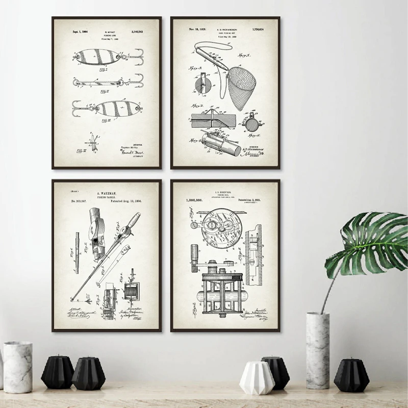 

Vintage Fishing Lure Patent Chart Vintage Poster Rod Hooks Angling Wall Art Picture Fish Kinds Canvas Painting Prints Man Gifts