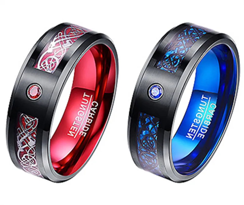 Модное мужское кольцо из карбида вольфрама углеродного волокна с голубым