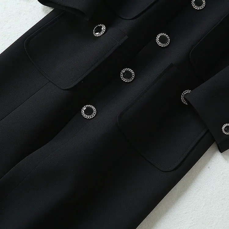Top Quality New Autumn Winter Long Dress Women V-Neck Beading Buttons Up Pocket Patchwork Long Sleeve Dress Outfits Party