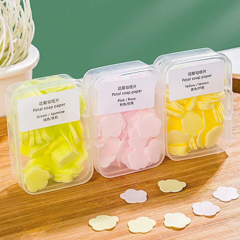 

100Pcs/Box Portable Bath Hand Washing Slice Sheets Travel Scented Foaming Soap Paper Cute Mini Flower Shape Paper Soap with Box