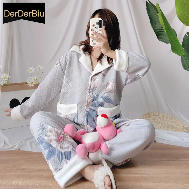 

Осенне-зимняя женская пижама из 100% хлопка с принтом, утолщенная Пижама Mujer, Дамская теплая одежда для сна, комплекты мягкой одежды для сна, до...