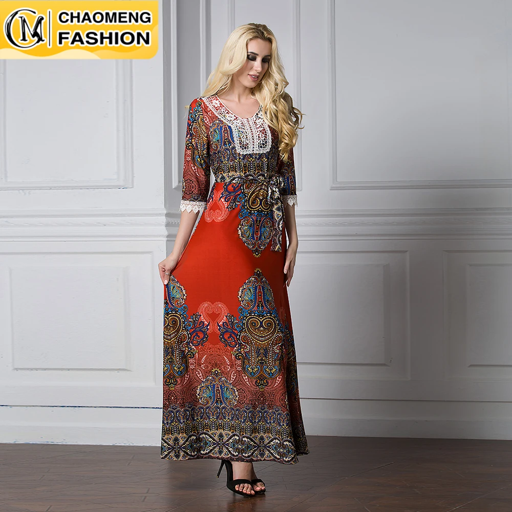 

Plus Size Fashion Printing Flowers Embroidery Half Sleeves Robe Tall Waist Big Swing Silk Vestido Sexy Vintage Beach Woman Dress
