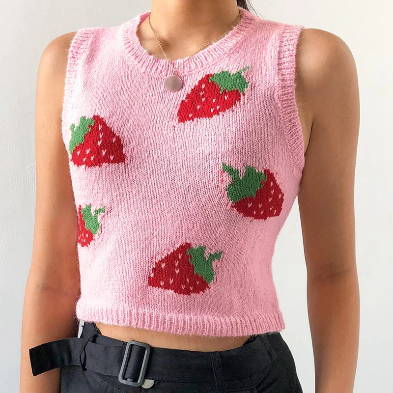 

Women's Hipster Pink Girl's Heart Strawberry Woolen Vest Crop Tops Women Tops Cropped Top